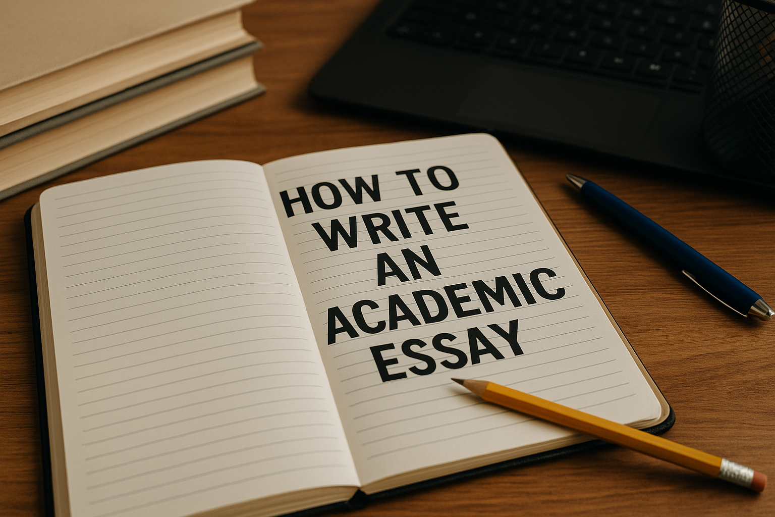 Student writing an academic essay in a notebook with study materials and laptop